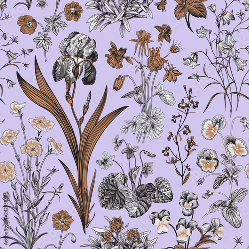 Seamless floral pattern. Vector vintage botanical illustration. Violet, gold, black and white colors