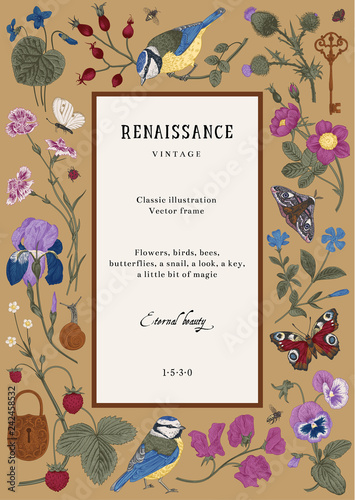 Vintage vector card. Renaissance frame. Classic illustration. Colorful