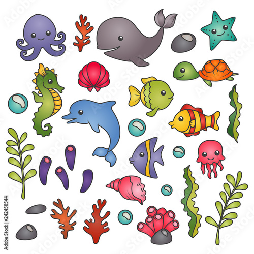 Set of isolated cute marine animals, seawweed and corals