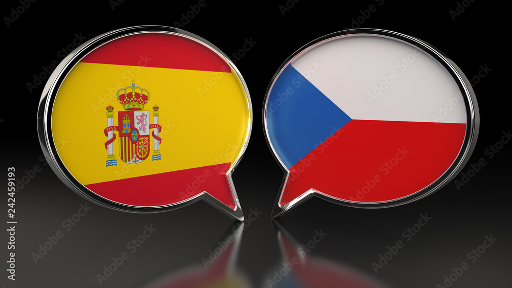 Spain and Czech Republic flags with Speech Bubbles. 3D illustration Spain and Czech Republic flags with Speech Bubbles. 3D illustration