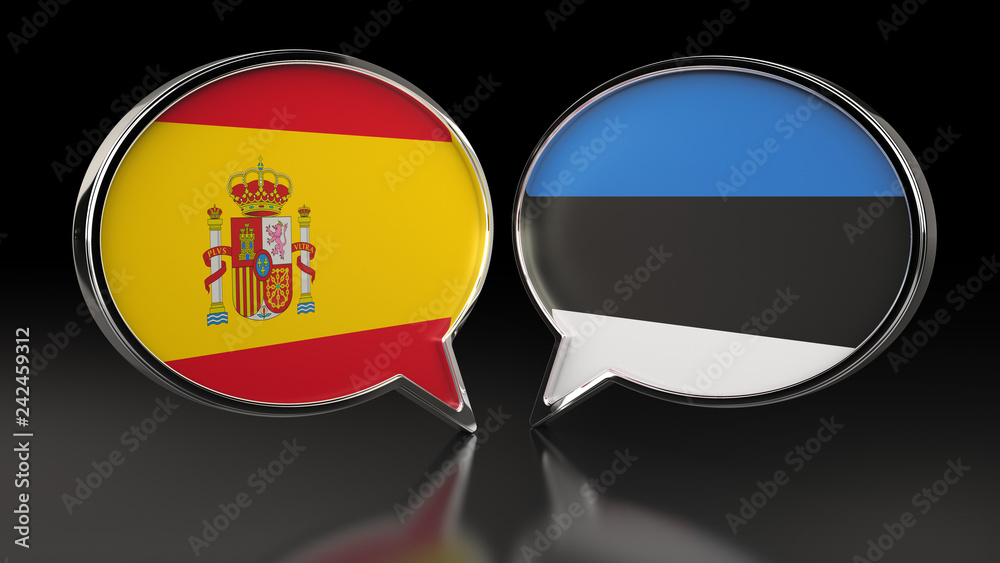 Spain and Estonia flags with Speech Bubbles. 3D illustration Spain and Estonia flags with Speech Bubbles. 3D illustration