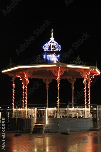Dun Laoghaire, Ireland - December 05 2018, Christmas lights around Dun Laoghaire and the harbour area after a rain shower