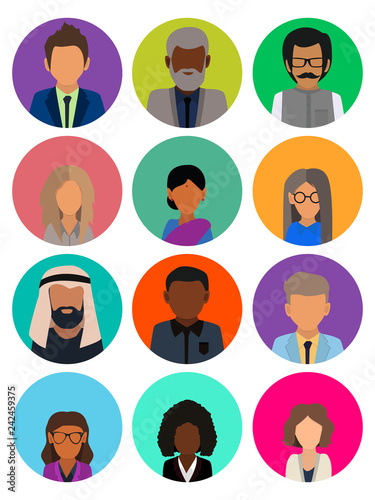 Male and female faces avatars. Business people avatar icons. Men and women of different nationalities. Multicultural society concept, man and woman characters. Flat icons set. Vector illustration