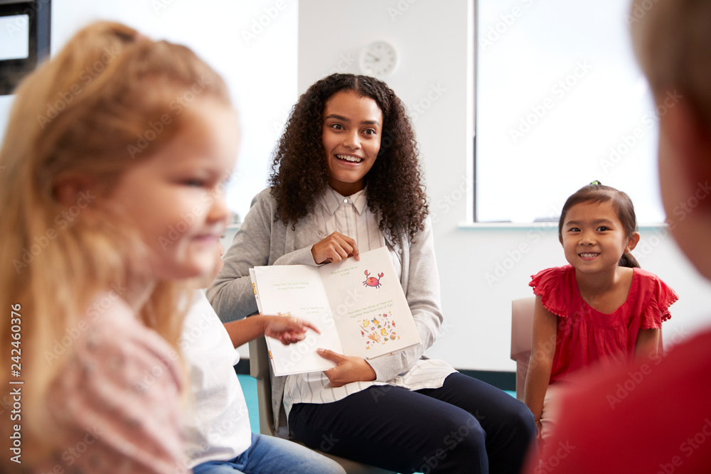 Over shoulder view of female teacher showing a picture in a book to a group of kindergarten children sitting on chairs in a classroom, close up Over shoulder view of female teacher showing a picture in a book to a group of kindergarten children sitting on chairs in a classroom, close up