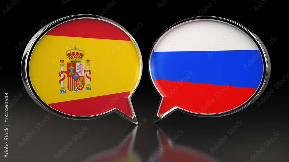 Spain and Russia flags with Speech Bubbles. 3D illustration Spain and Russia flags with Speech Bubbles. 3D illustration