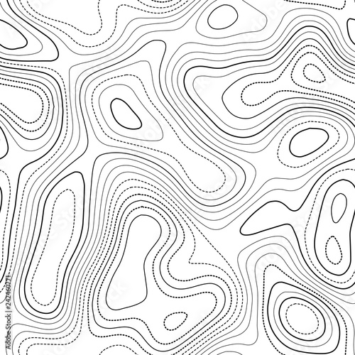 Topographic map. Actual topography map. Black and white seamless design, tempting tileable isolines pattern. Vector illustration.