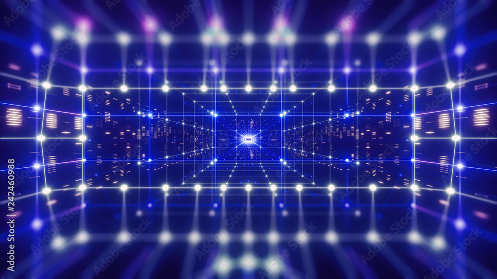 3d render, colorful neon virtual reality tunnel, abstract geometric background. Virtual data with neon blue lines and dots. Player begins the VR game. VR experience. View with depth of field. 3d render, colorful neon virtual reality tunnel, abstract geometric background. Virtual data with neon blue lines and dots. Player begins the VR game. VR experience. View with depth of field.