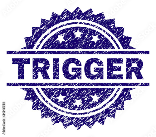 TRIGGER stamp seal watermark with distress style. Blue vector rubber print of TRIGGER caption with unclean texture.