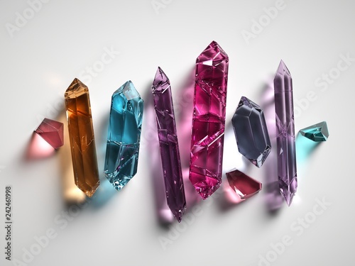 3d render, colorful spiritual crystals isolated on white background, reiki healing minerals, rough nuggets, faceted fashion gemstones, pink purple quartz, semiprecious gems photo