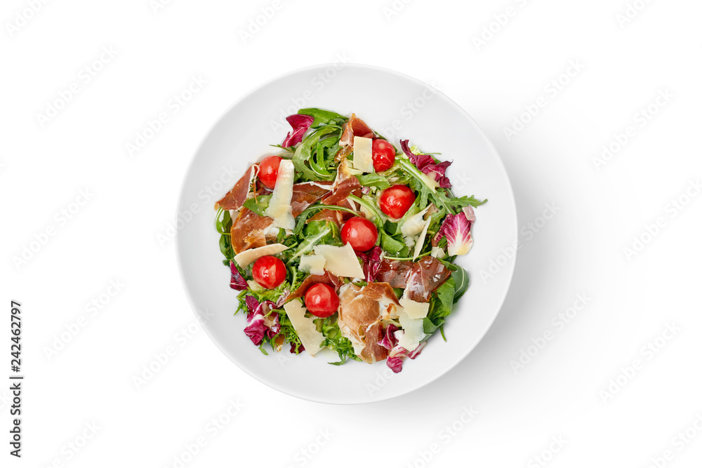 fresh vegetable salad with ham in a bowl isolated on white background fresh vegetable salad with ham in a bowl isolated on white background