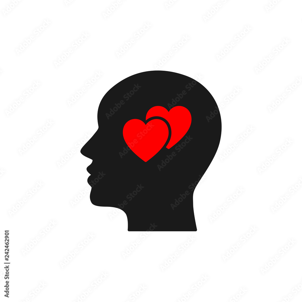 Black isolated icon of head of man and two red hearts on white background. Silhouette of head of man and hearts. Love think. Flat design. Black isolated icon of head of man and two red hearts on white background. Silhouette of head of man and hearts. Love think. Flat design.