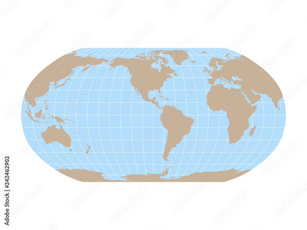 World Map in Robinson Projection with meridians and parallels grid. Americas centered. Brown land and blue sea. Vector illustration.