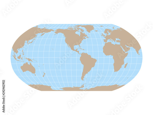 World Map in Robinson Projection with meridians and parallels grid. Americas centered. Brown land and blue sea. Vector illustration.