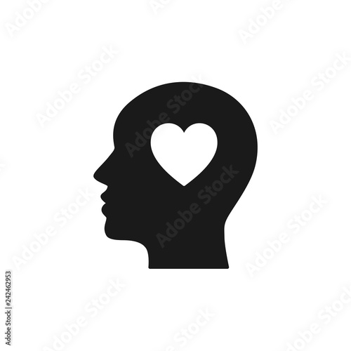 Black isolated icon of head of man and heart on white background. Silhouette of head of man and heart Love think. Flat design.