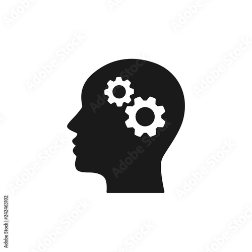 Black isolated icon of head of man and cogwheel on white background. Silhouette of head and gear wheel. Flat design.