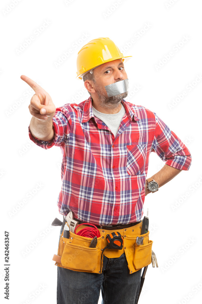 Constructor with duct tape on mouth making move gesture. Constructor with duct tape on mouth making move gesture.