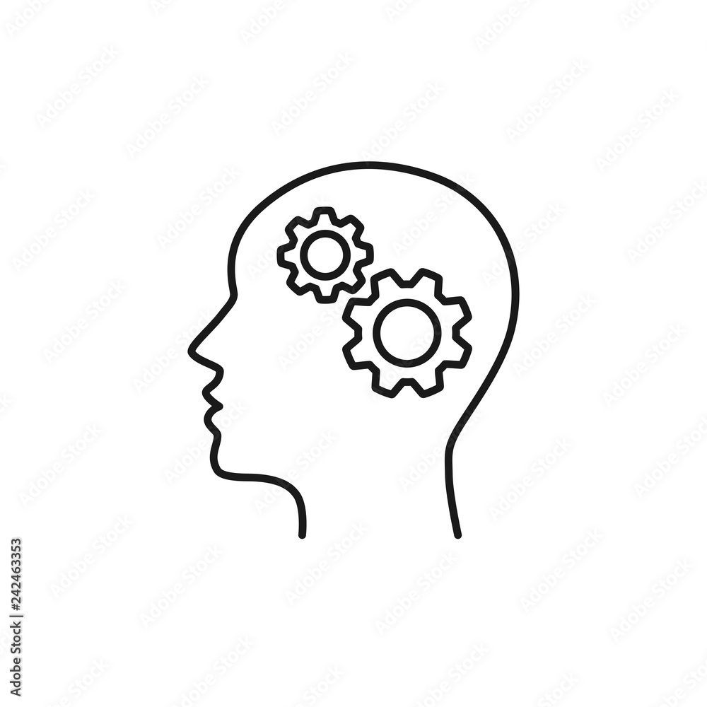 Black isolated outline icon of head of man and cogwheel on white background. Line icon of head and gear wheel. Black isolated outline icon of head of man and cogwheel on white background. Line icon of head and gear wheel.