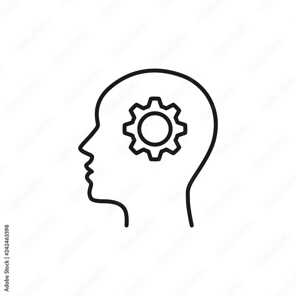 Black isolated outline icon of head of man and cogwheel on white background. Line icon of head and gear wheel. Flat design. Black isolated outline icon of head of man and cogwheel on white background. Line icon of head and gear wheel. Flat design.