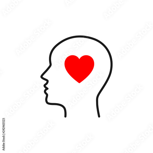 Black isolated outline icon of head of man and red heart on white background. Line icon of head of man. Love think. Flat design.