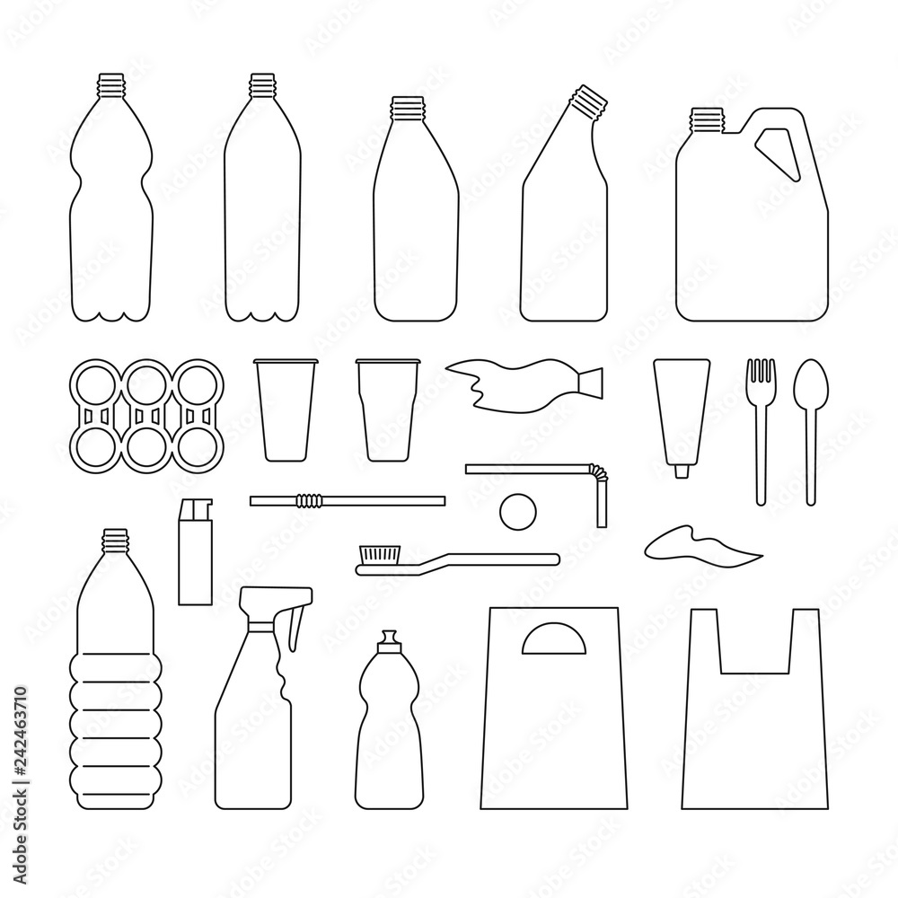 Set of black outline plastic objects on white background. Plastic garbage. Bottle, bag, straw, spoon, fork. Plastic pollution. Set of black outline plastic objects on white background. Plastic garbage. Bottle, bag, straw, spoon, fork. Plastic pollution.