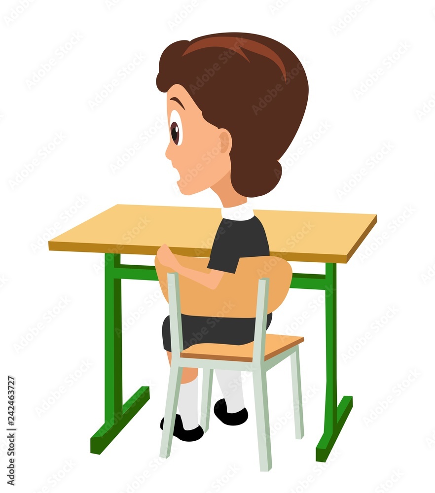 Schoolgirl sitting at a desk turning half-turned. Schoolgirl sitting at a desk turning half-turned.