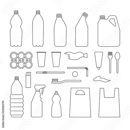 Set of black outline plastic objects on white background. Plastic garbage. Bottle, bag, straw, spoon, fork. Plastic pollution.