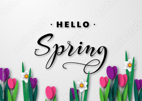 Hello Spring seasonal greeting banner. 3d paper cut spring flowers tulips and narcissus on white spotted background and greeting text. Vector illustration.