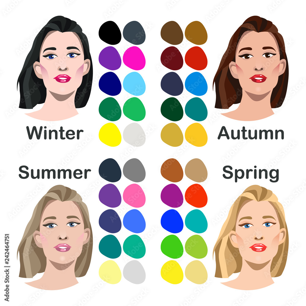 Seasonal color analysis. Set of vector girls with different types of ...