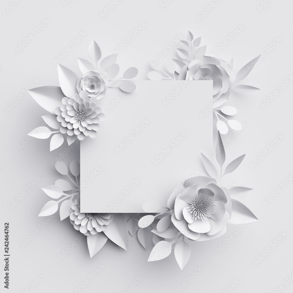 White paper flowers decoration on light green backdrop, bridal greeting  card, ornamental background. Digital 3d render illustration Stock Photo -  Alamy