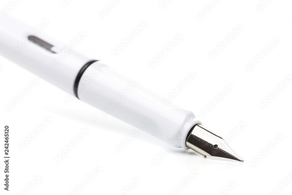 white modern fountain pen isolated on white, close up white modern fountain pen isolated on white, close up