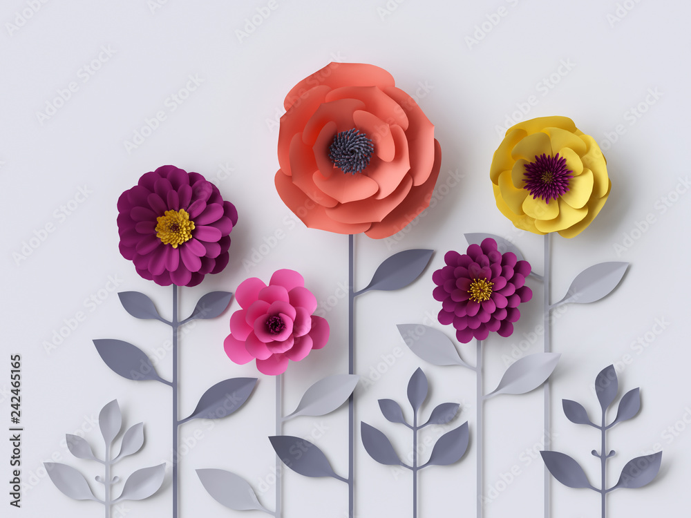 Obraz premium 3d papierowe kwiaty na białym tle, elementy dekoracyjne projektu, karty z pozdrowieniami