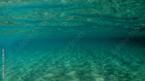 Underwater photo of super paradise beach with turquoise clear sea located in Greek island of Mykonos, Cyclades, Greece