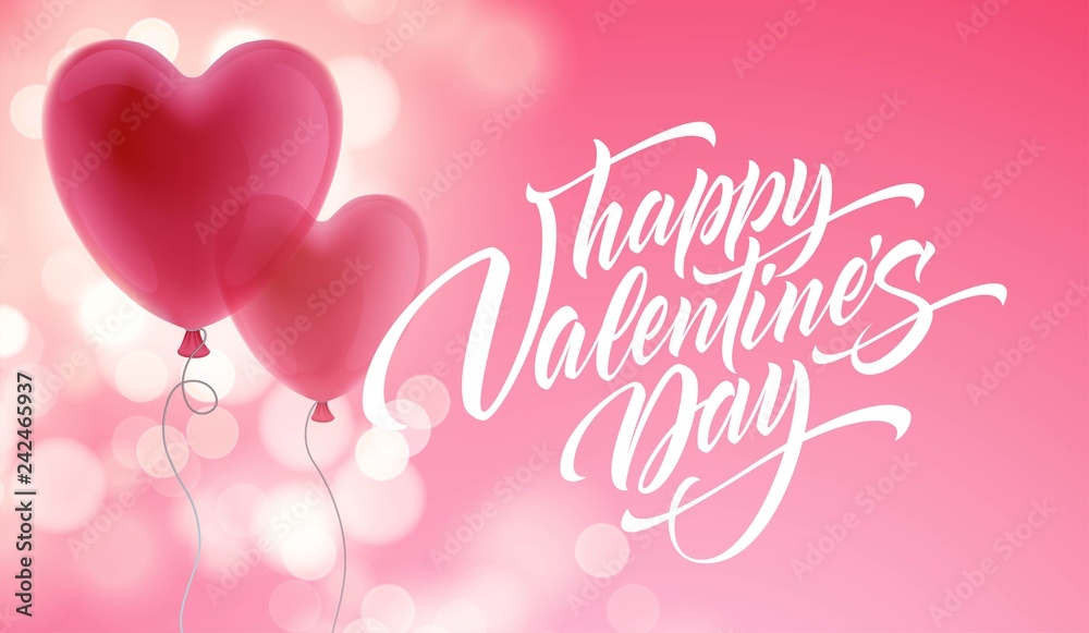 Valentines day lettering on heart balloon background. Vector illustration