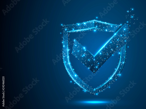 Shield with Check mark. Network security, safety, privacy concept. Neon shield protection abstract low poly, polygonal, wireframe image. Vector 3d shield illustration on blue background