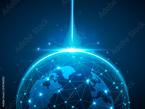 Earth space globe planet with blue ray. Vector polygonal image in the form of Globe with starry sky, consisting of points, lines, and shapes ozone shield