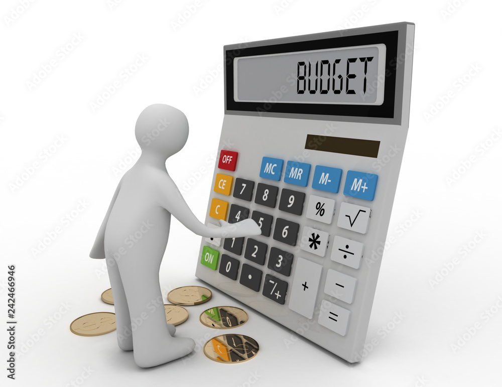 3d man working and calculate on calculator concept on white background 3d man working and calculate on calculator concept on white background