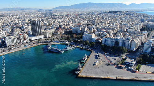 Aerial drone photo of famous Christian ceremony of Epiphany in main port of Piraeus
