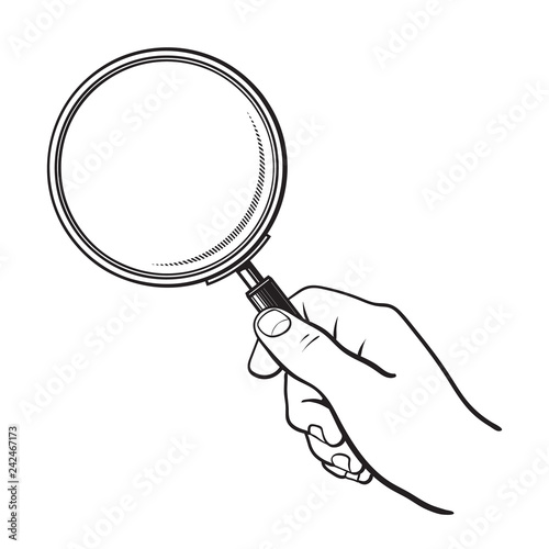 Hand holding magnifying glass. Search and analysis concept. Black and white sketch. Hand drawn vector illustration isolated on white.