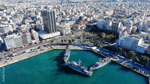 Aerial drone photo of famous Christian ceremony of Epiphany in main port of Piraeus