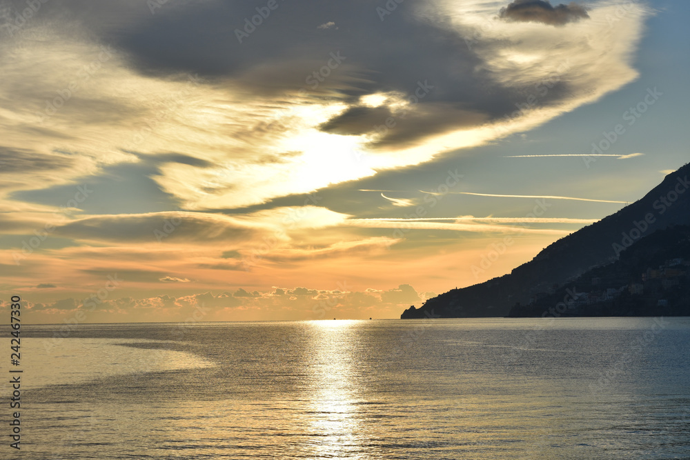 Sunset on the Italian sea, in the Amalfi coast
