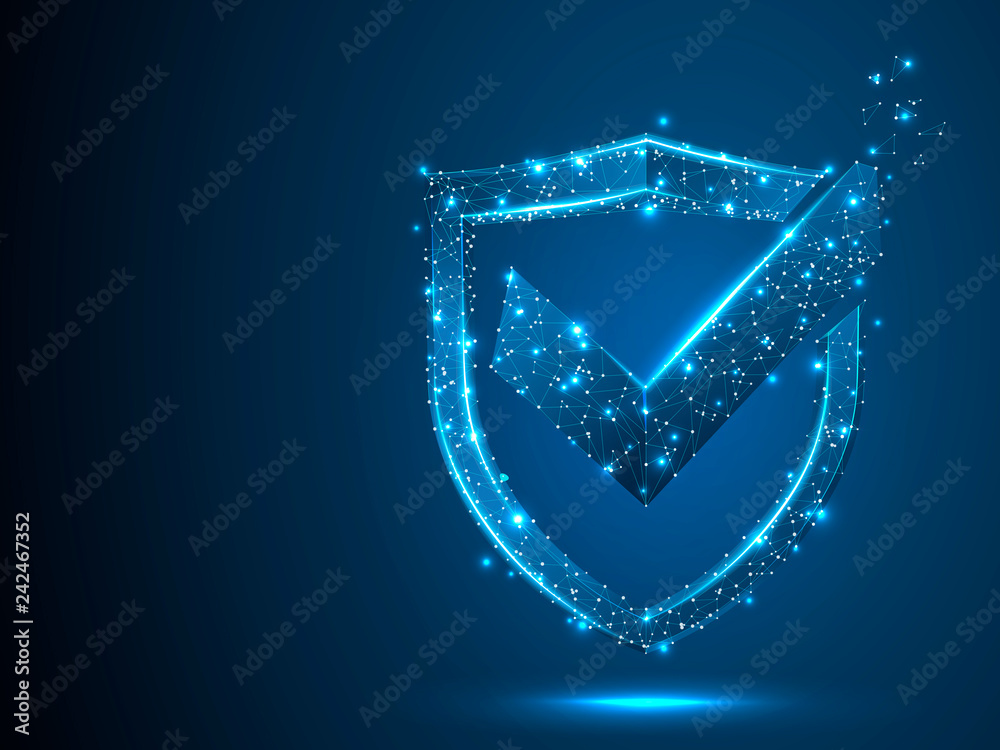 Shield with Check mark. Network security, safety, privacy concept. Neon ...