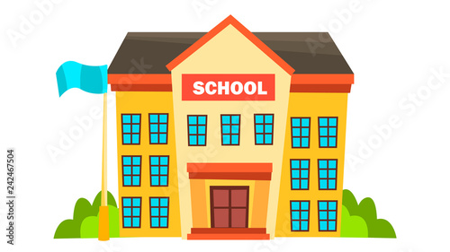 School Building Vector. Modern City University. Fasade Exterior. Brick. Isolated Flat Cartoon Illustration