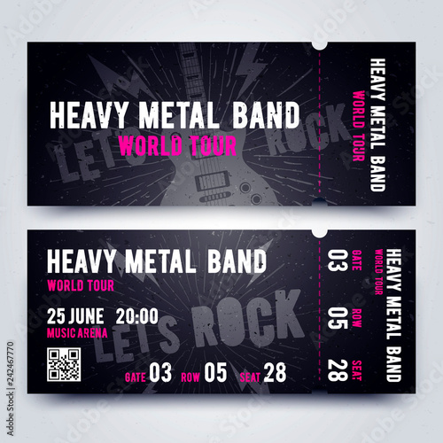 Vector Illustration Music Concert Ticket Template. Dark, Black Color Design For Rock Music Event.