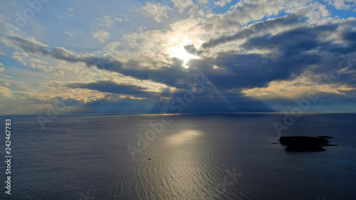 Aerial drone photo of beautiful sunset over the Aegean sea and Greek islands  Greece