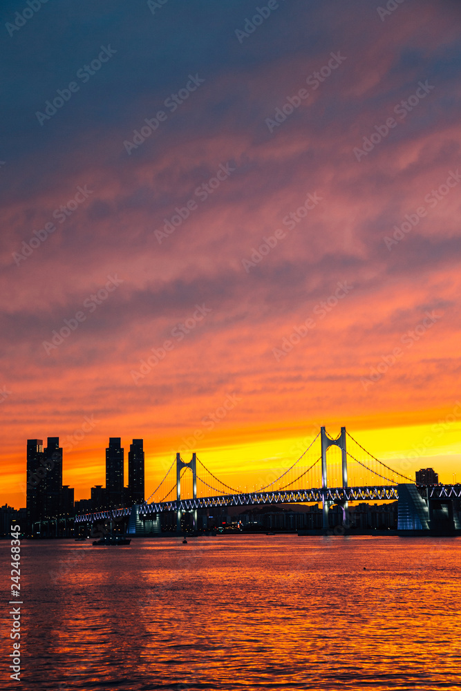 Gwangan bridge and sea, twilight sunset view in Busan, Korea