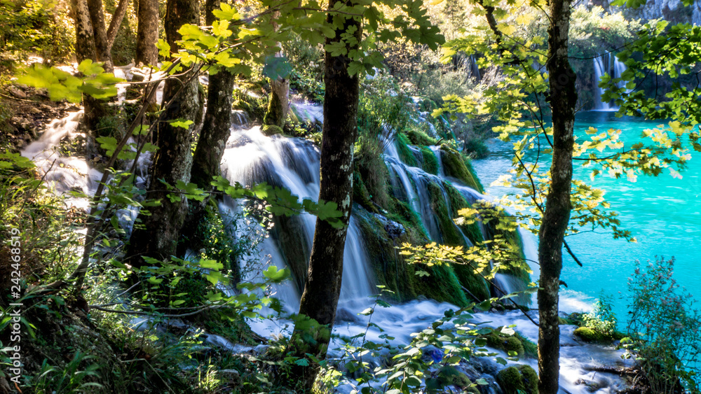 Obraz premium Waterfall and Lake within the colorful Plitvice National Park in Croatia
