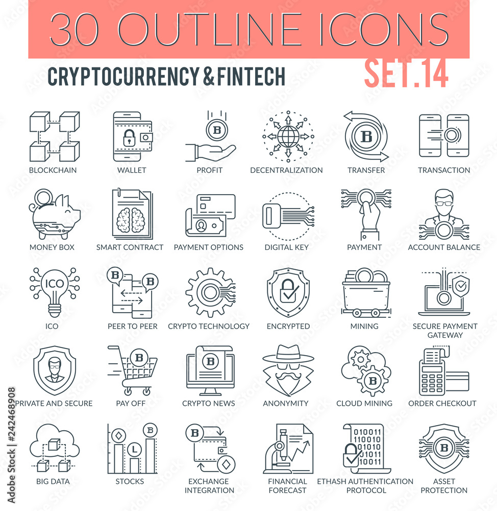 Cryptocurrency and Fintech Outline Icons