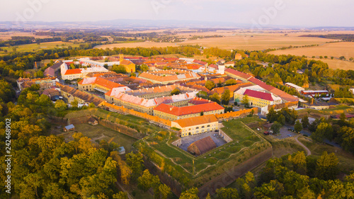 Aerial view of Josefov fortress in Jaromer. Josefov is a large historic defence complex of 18th century military architecture. Famous fortress from above. Czech republic, European union. photo