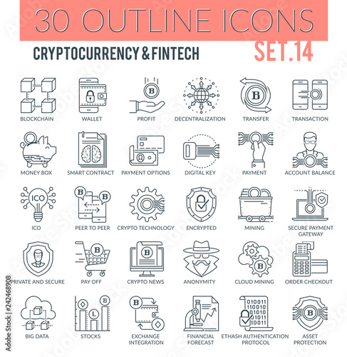 Cryptocurrency and Fintech Outline Icons