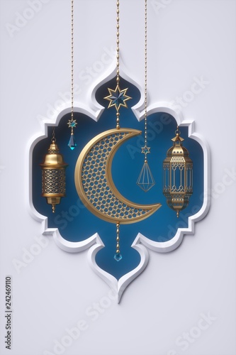 3d render, blue arabic frame, ornaments hanging on golden chains, lantern, tribal decoration, festive greeting card template, arabesque design, empty banner, white background